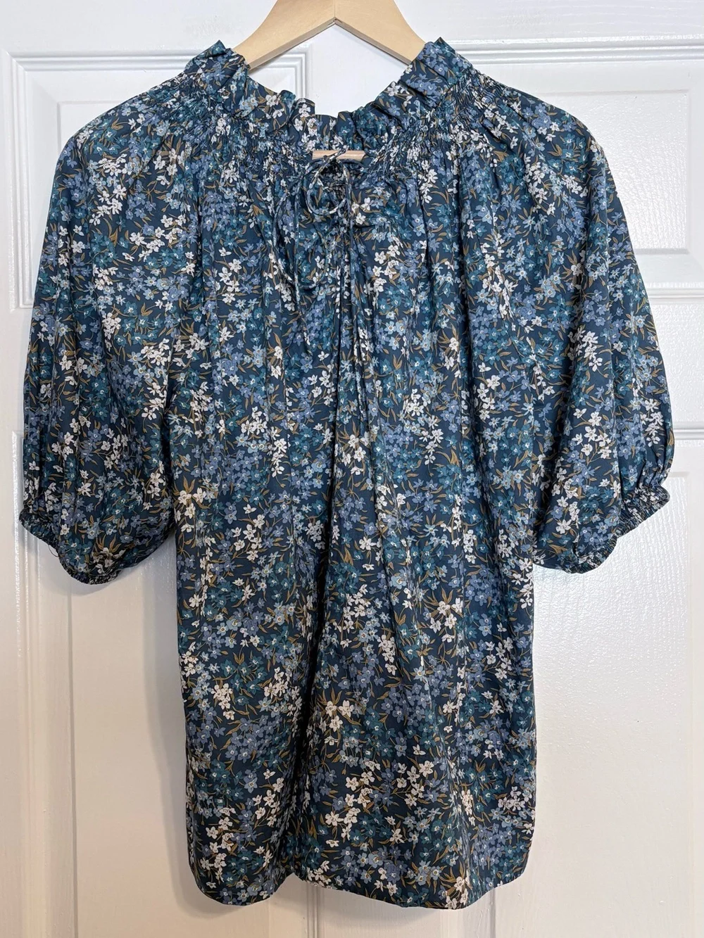 J. Crew Liberty Blue Floral Smocked Peasant Blouse in Sea Blossoms M